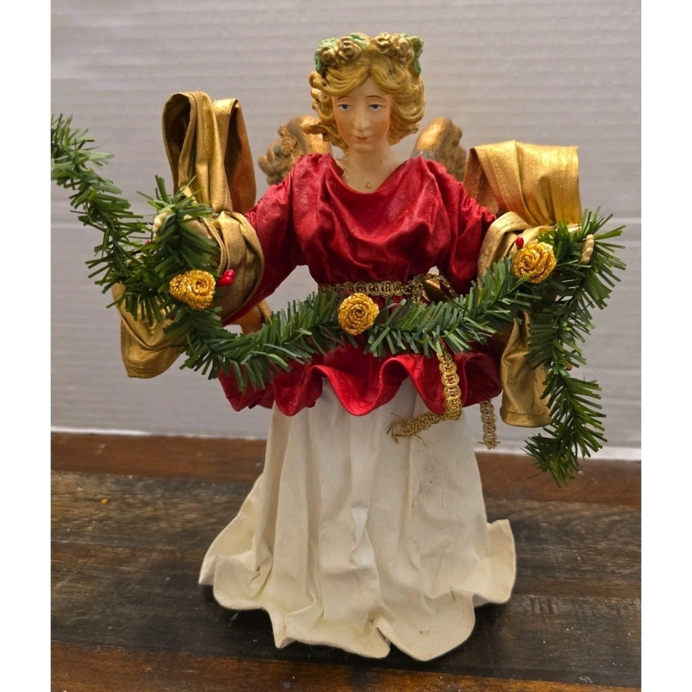 Vintage Paper Mache Style Musical Angel Tree Topper Red Plays Venite Adoremus